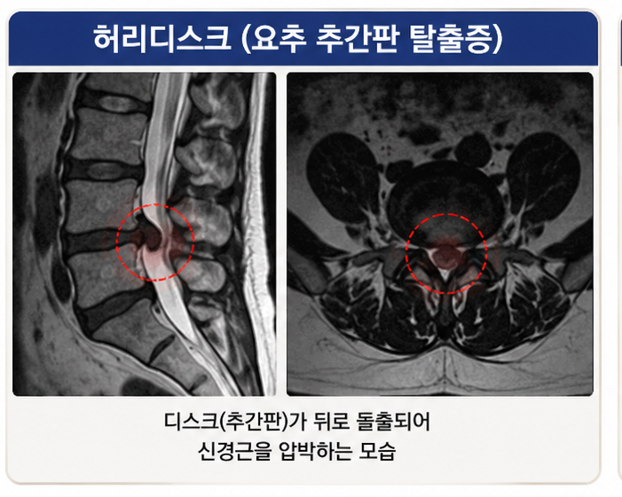 허리디스크 MRI에서 디스크 돌출과 신경 압박을 설명하는 이미지